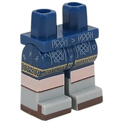LEGO part 970c05pat14pr0002 Hips with Dark Blue Legs and Light Bluish Gray Boots Pattern with Sand Blue Runes, Gold Decorations, Light Nougat Knees, Dark Brown Sandals print in Earth Blue/ Dark Blue