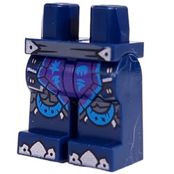 LEGO part 970c05pr0004 Hips and Dark Blue Legs with Dark Bluish Grey/Silver Belt, Dark Purple/Dark Azure Coat, Silver Trimming, White Fangs, Silver Toes, Armor print in Earth Blue/ Dark Blue