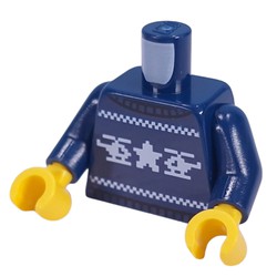 LEGO part 973c05h01pr0005 Torso, Christmas Sweater, White Helicopter print, Dark Blue Arms, Yellow Hands in Earth Blue/ Dark Blue