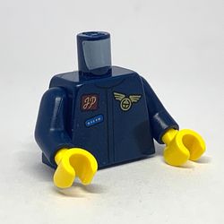 Torso Flight Suit with Blue Badge, 'JP', and Pilot Badge / Plane Propeller on Back Print, Dark Blue Arms, Yellow Hands
