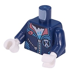 LEGO part 973c05h27pr0002 Torso, Jacket, Silver Zipper, Coral Collar, Medium Azure Trim, White Shirt, Hourglass Symbol print, Dark Blue Arms, White Hands in Earth Blue/ Dark Blue