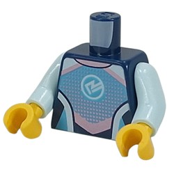 LEGO part 973c15h01pr0001 Torso, Wetsuit, Bright Light Blue/Lavender/Light Aqua Shapes, White Symbol, Zipper on Back print, Light Aqua Arms, Yellow Hands in Earth Blue/ Dark Blue