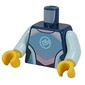 Torso, Wetsuit, Bright Light Blue/Lavender/Light Aqua Shapes, White Symbol, Zipper on Back print, Light Aqua Arms, Yellow Hands