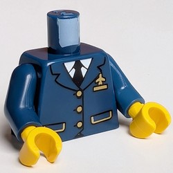 Torso Double Breasted Suit with Gold Buttons and Airplane Logo Pin, Front Pockets, Black Tie Print, Dark Blue Arms, Yellow Hands