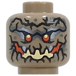 Minifig Head Earth Monster, Rock Texture, Light Bluish Grey Shapes, Orange Eyer, Orange/Bright Light Yellow Rock Mouth
