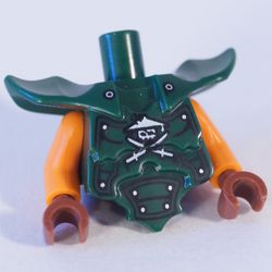 Torso with Molded Shoulder and Waist Extensions, Rivets and Ninja Skull with Crossed Swords Print, Orange Arms, Reddish Brown Hands