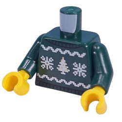 LEGO part 973c35h01pr0003 Torso, Christmas Sweater, White Snowflakes, Tree print, Dark Green Arms, Yellow Hands in Earth Green/ Dark Green