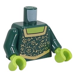 LEGO part 973c35h18pr0004 Torso, Dress, Gold Flowers, Trim, Lime Chest print, Dark Green Arms, Lime Hands in Earth Green/ Dark Green