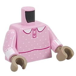 LEGO part 973c43h11pr0001 Torso, Night Gown, Dark Pink Trim, White Dots, Collar print, Bright Pink Arms, Dark Tan Hands in Light Purple/ Bright Pink