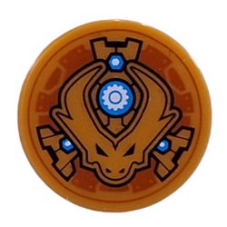 LEGO part 14769pr9988 Tile Round 2 x 2 with Dragon Head, White Gear in Dark Azure Circle print in Warm Gold/ Pearl Gold