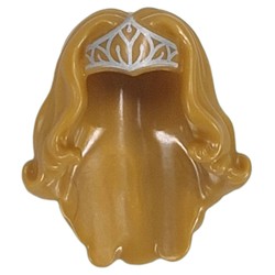 LEGO part 98725pr0003 Hair and Tiara, Long Wavy with Silver Tiara print in Warm Gold/ Pearl Gold