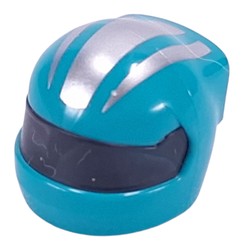 LEGO part 7071pat0001pr0004 Helmet, Formula 1 with Trans-Black Visor pattern and Silver Stripes print in Bright Bluish Green/ Dark Turquoise