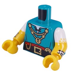 LEGO part 973g27c01h01pr0003 Torso, Dual Molded Arms with Gold Chains, Skull, And Bones Pendant, Black Belt, Gold Compass, Chains, Bracelet, Pearl Bracelet print, White Sleeves Pattern, Yellow Arms and Hands in Bright Bluish Green/ Dark Turquoise