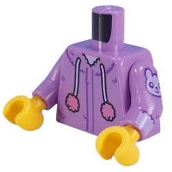 LEGO part 973c33h01pr0001 Torso,  Dark Purple Fur, Cat Ears on Hoodie, Strings with Poms, Paw, Bunny on Arms print, Medium Lavender Arms, Yellow Hands in Medium Lavender