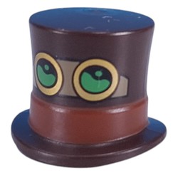 LEGO part 101777pr0003 Top Hat with Reddish Brown Band, Dark Tan Strap, Gold Goggles, Bright Green Glass print in Dark Brown