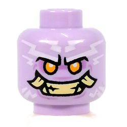 Minifig Head Poulerik / Thunder Keeper, Bright Light Orange Eyes, Tan Teeth Angry Smile, Fangs, White Lightning print