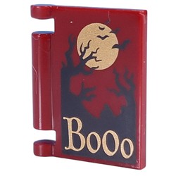 LEGO part 24093pr9997 Book Cover with Gold 'Boooo', Black Tree Silhouettes, Birds, Moon print in Dark Red