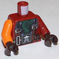 Torso, Odd Arms, Jacket with Harness, Ninja Skull with Crossed Swords, Dark Green Scarf Print, Left Dark Red Arm, Right Orange Arm, Dark Brown Hands