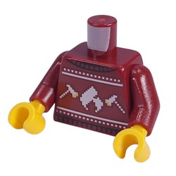 LEGO part 973c10h01pr0004 Torso, Christmas Sweater, White Decorations print, Dark Red Arms, Yellow Hands in Dark Red