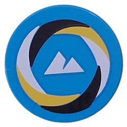 LEGO part 14769pr0177 Tile Round 2 x 2 with Yellow/White/Black Swirl, White Mountains print in Dark Azure