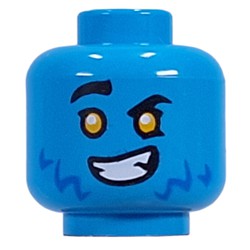 LEGO part 28621pr9901 Minifig Head Logan, Blue Fur, Yellow eyes, Raised Eyebrows, Lopsided Grin/Red Eyes, Angry Grin in Dark Azure