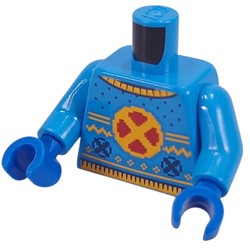 LEGO part 973c04h28pr0001 Torso, Christmas Sweater, Yellow/Red X-Men Logo, Wolverine on Back print, Dark Azure Arms, Blue Hands in Dark Azure