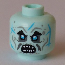 Minifig Head Grimfax, Silver Eyes, Moustache, Azure Lines, Teeth, Closed Mouth / Open Mouth