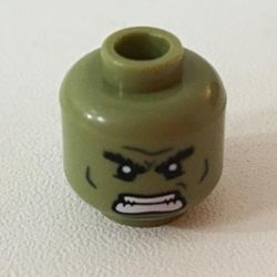 Minifig Head Hulk, Dual Sided, Bushy Eyebrows, Dark Green Lines, Raging / Scowl Print [Hollow Stud]