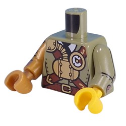 LEGO part 973d54pr0001 Torso, Odd Arms and Hands, Gold Apparatus, Gauge, Reddish Brown Streps, Mechanical Arm with Silver/Copper Pistons print, Left Pearl Gold Arm and Hand, Right Olive Green Arm and Yellow Hand in Olive Green