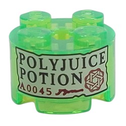 LEGO part 3941pr0012 Brick Round 2 x 2 with Tan Label, 'POLYJUICE POTION' print in Transparent Bright Green/ Trans-Bright Green