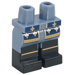 LEGO part 970c24pat03pr0001 Hips with Sand Blue Legs and Black Boots Pattern with Dark Blue Coat Ends, Gold Decorations, Trim print in Sand Blue