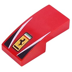 LEGO part 11477pr0025 Slope Curved 2 x 1 No Studs with Ferrari Logo, White Lines, Black Triangles print in Bright Red/ Red