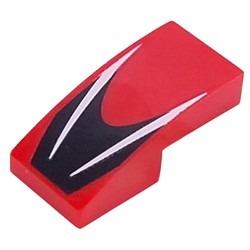 LEGO part 11477pr0026 Slope Curved 2 x 1 No Studs with White Stripes on Black Background print in Bright Red/ Red