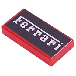 LEGO part 3069bpr9916 Tile 1 x 2 with White 'Ferrari' on Black Background print in Bright Red/ Red