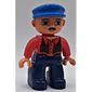 Duplo Figure with Cap Blue, Dark Blue Legs, Black Vest, Mustache Print