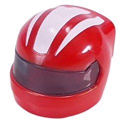 LEGO part 7071pat0001pr0005 Helmet, Formula 1 with Trans-Black Visor pattern and White Stripes print in Bright Red/ Red