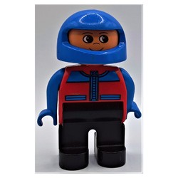 Duplo Figure, Early, Helmet Blue, Black Legs, Blue Arms, Jacket with Zipper, Pockets, and Blue Shoulders Print