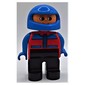 Duplo Figure, Early, Helmet Blue, Black Legs, Blue Arms, Jacket with Zipper, Pockets, and Blue Shoulders Print