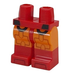 LEGO part 970c34pat22pr0001 Hips with Orange Legs and Red Boots Pattern with Dark Orange Armor, Black Circles print in Bright Red/ Red
