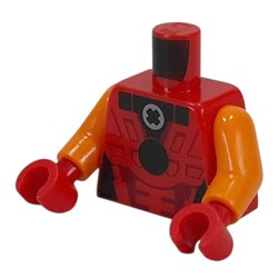 LEGO part 973c34h22pr0002 Torso, Dark Red Armor, Black Circle, Light Bluish Grey Technic Bush print, Orange Arms, Red Hands in Bright Red/ Red