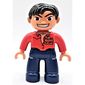 Duplo Figure Side Parted Hair Black, Dark Blue Legs, Open Shirt with 'VIP' Badge Print