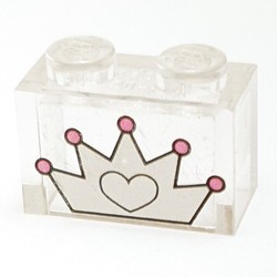 Brick 1 x 2 without Bottom Tube and White / Dark Pink 5-point Crown Print