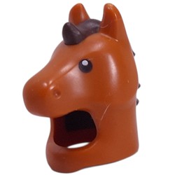 LEGO part 114600pr0001 Costume / Mask, Horse with Dark Brown Mane, Black Eyes print in Dark Orange