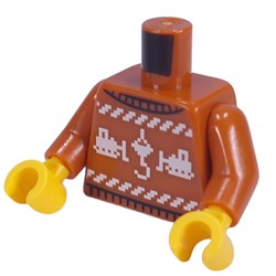 LEGO part 973c41h01pr0002 Torso, Christmas Sweater, White Bulldozers, Crane Hook print, Dark Orange Arms, Yellow Hands in Dark Orange