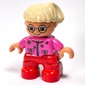 Duplo Figure Child with Side Ponytail, with Red Legs, Dark Pink Top With Flowers, and Glasses Print