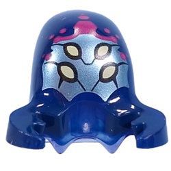 LEGO part 5469pat0001pr0001 Minifig Head Alien with Stretched Head, with Dark Blue Claws Pattern, Metal Sand Green Face, 4 Bright Light Yellow Eyes, Magenta Hexagons print in Transparent Bright Bluish Violet/ Trans-Purple