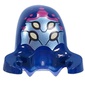 Minifig Head Alien with Stretched Head, with Dark Blue Claws Pattern, Metal Sand Green Face, 4 Bright Light Yellow Eyes, Magenta Hexagons print