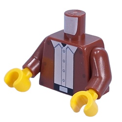 LEGO part 973c19h01pr0002 Torso, Jacket, White Shirt, Buttons, Black Belt, Silver Belt Buckle, Hatch on Back print, Reddish Brown Arms, Yellow Hands in Reddish Brown