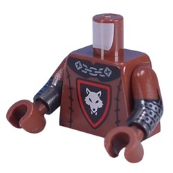 LEGO part 973g19c75h19pr0001 Torso, Dual Molded Arms, Wolfpack Symbol, Black belt, Silver Chainmail print with Reddish Brown Sleeves Pattern, Pearl Titanium Arms, Reddish Brown Hands in Reddish Brown