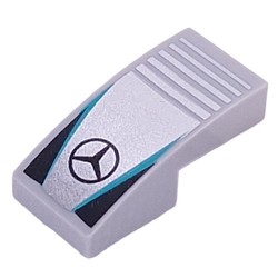LEGO part 11477pr0023 Slope Curved 2 x 1 No Studs with Mercedes Symbol, Dark Turquoise Lines, Black Triangles print in Medium Stone Grey/ Light Bluish Gray